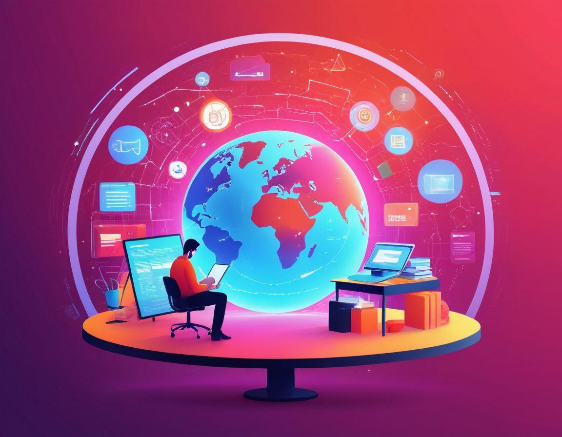 A dynamic scene depicting a person brainstorming ideas on a digital tablet, surrounded by elements of web development like code snippets, website mockups, and a glowing globe symbolizing online presence. Incorporate a bright, inspiring color palette to evoke creativity and innovation. Include icons representing various web technologies subtly in the background. minimalist. vibrant colors. flat design.