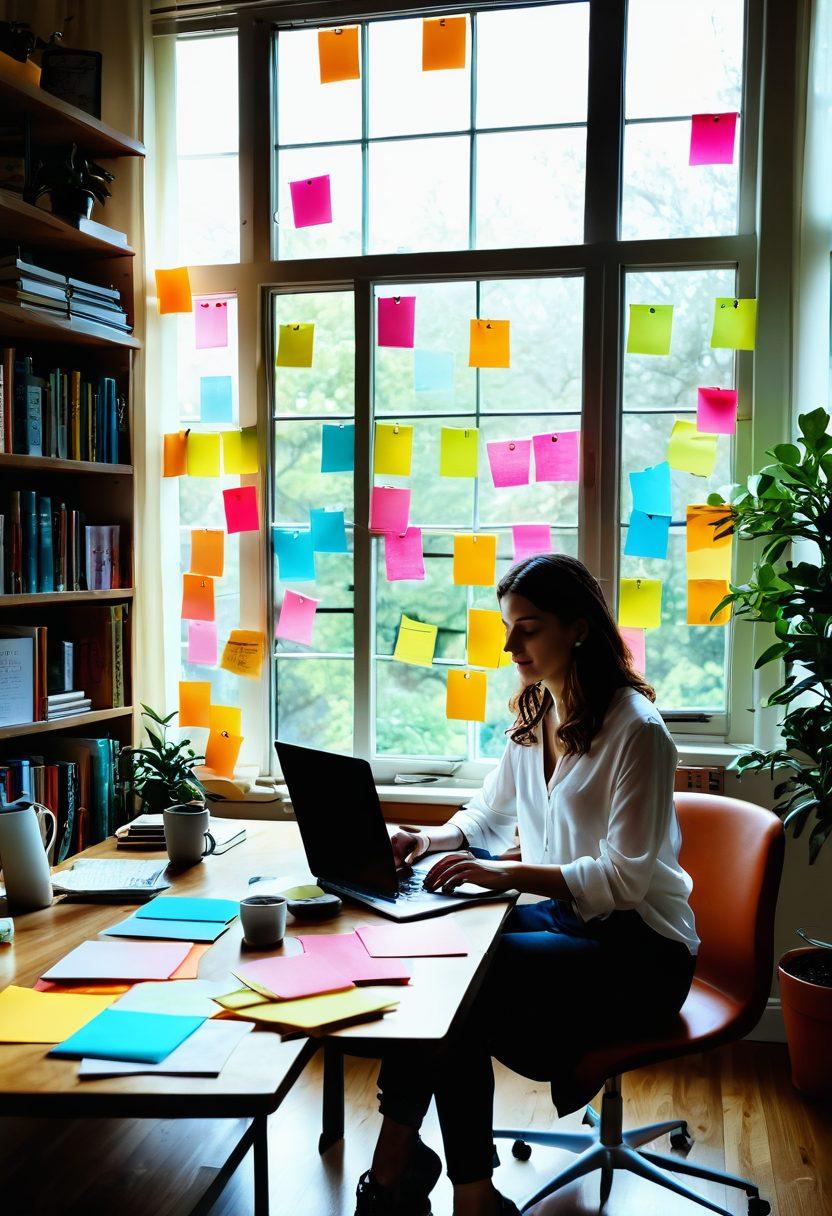A person sitting at a desk with a laptop, surrounded by colorful sticky notes and a coffee cup, brainstorming blog ideas. A large window showcases bright sunlight filtering through, symbolizing creativity and inspiration. The background features a bookshelf filled with motivational books and a plant adding a touch of nature. The atmosphere is energetic and inviting. super-realistic. vibrant colors. warm lighting.