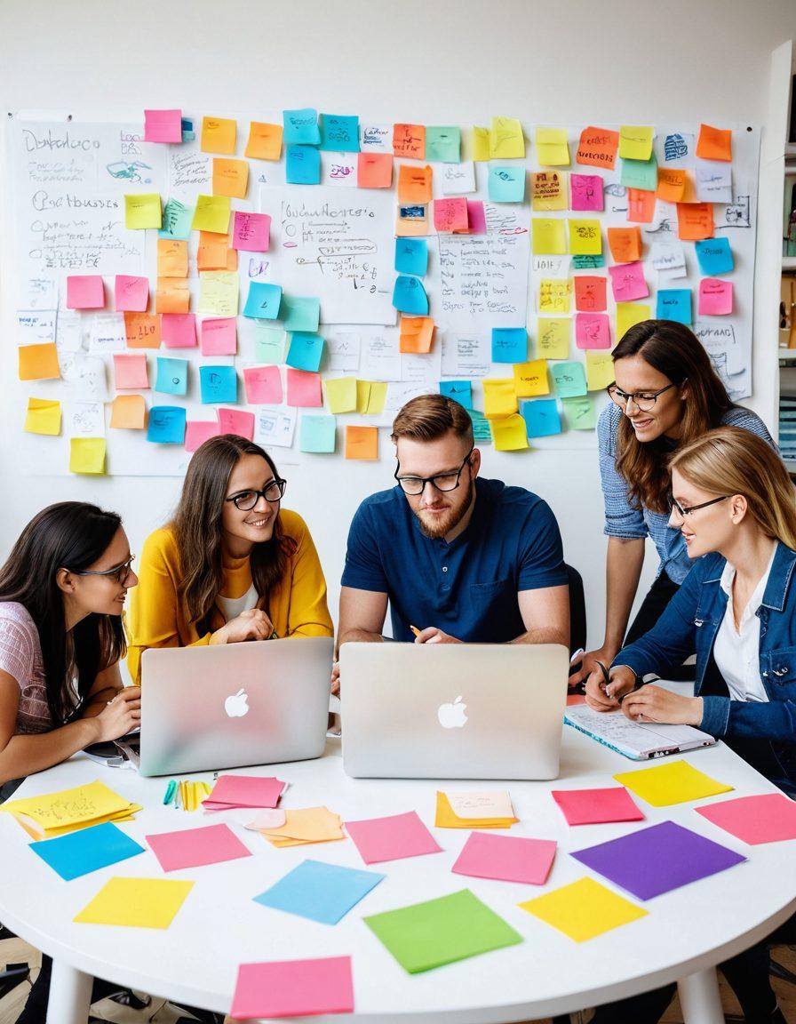 A vibrant and inviting scene depicting a diverse group of content creators collaboratively brainstorming, surrounded by colorful sticky notes and laptops. A whiteboard filled with ideas can be seen in the background, along with books and digital tools. The atmosphere is energetic and inspiring, representing a sense of community and creativity. super-realistic. vibrant colors. white background.